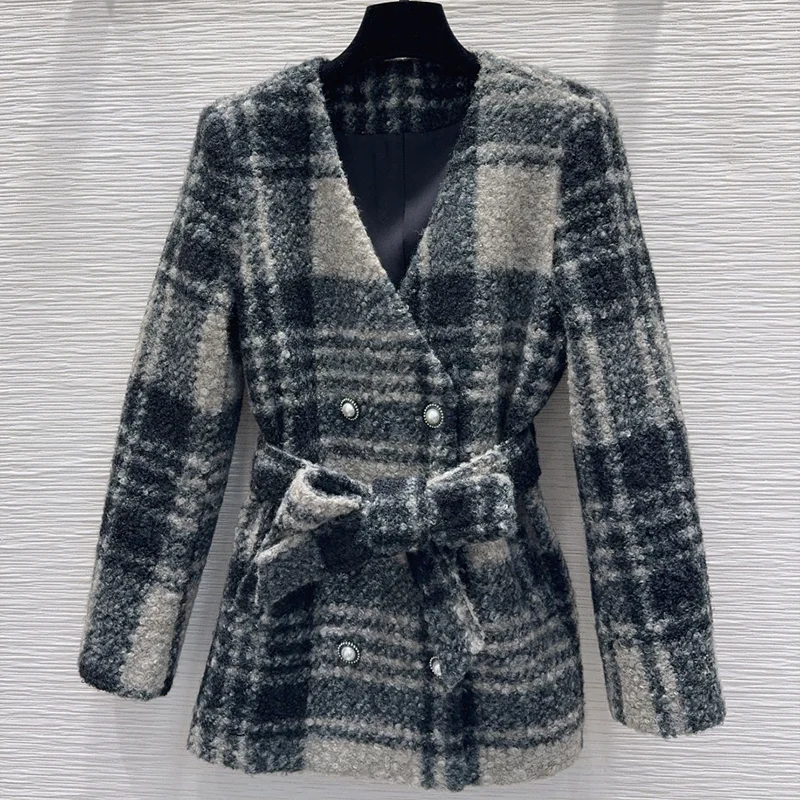 

High quality silk cashmere Color-Plaid Mid-Length woman Coat - Elegant and Luxurious Korean-style Clothing 25120656