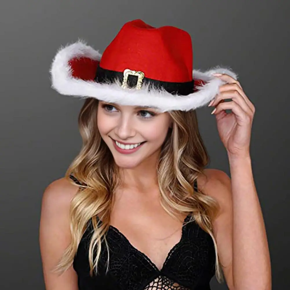 Festive Holiday Headwear Festive Cowboy Hat with White Fluff Edge for Christmas Party Western Carnival Santa for Men for Him