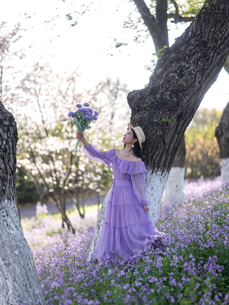 TIYIHAILEY Long Maxi Chiffon Women Ladies Dress Full Lantern Sleeve 2025 Slash Neck S-M Spring Autumn Summer Purple Yellow White