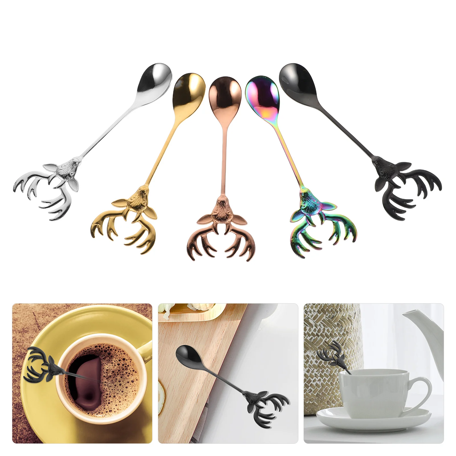 

5Pcs Stainless Steel Coffee Spoons Reindeer Head Design Christmas Party Tea Dessert Stirring Spoons Festive Tableware