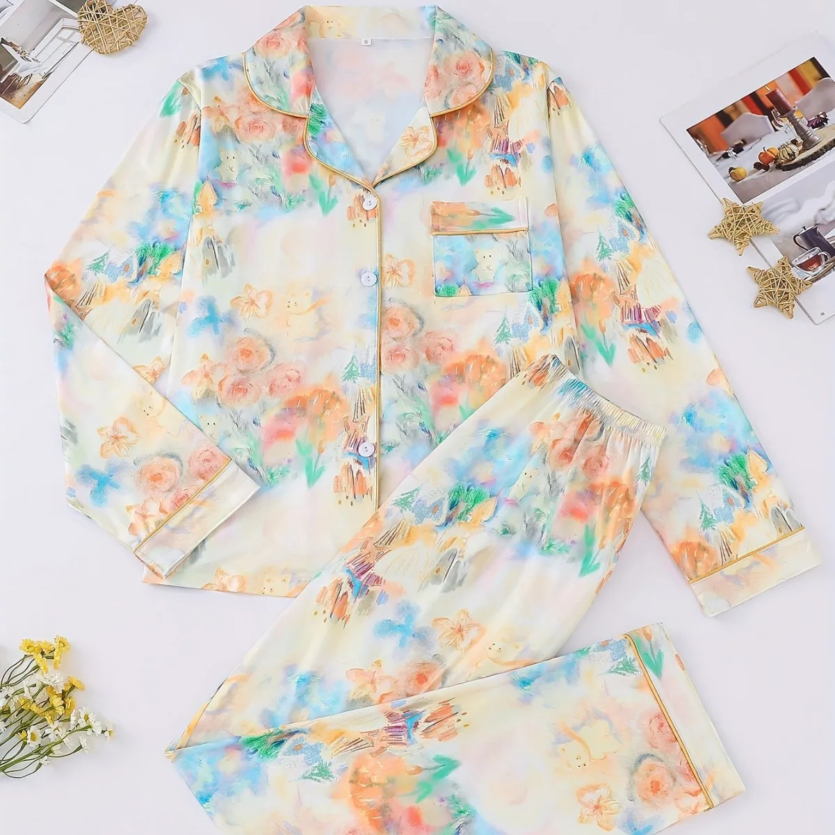 

Женские пижамы из молочного шелка с воротником с лацканами и длинными рукавами, комплект из 2 предметов, удобный комплект домашней одежды в европейском и американском стиле