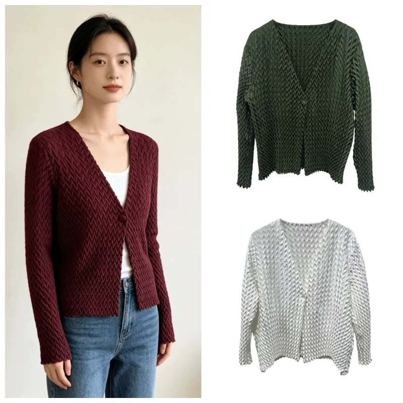 Miyake Pleated Jacket Plisse 2026 Retro Herringbone V-shaped Pleats Cardigan Women Autumn V-neck Single Button Slim Fold Top