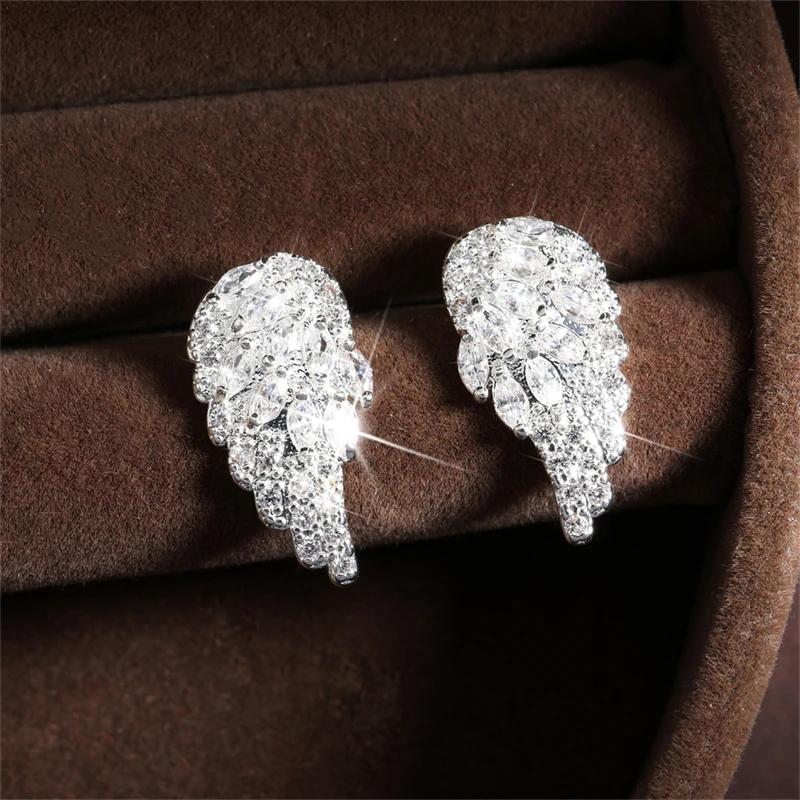 RAKOL  Angel Wings Stud Earrings for Women Shiny Zircon New Fashion Temperament Earrings Party Jewelry Gifts