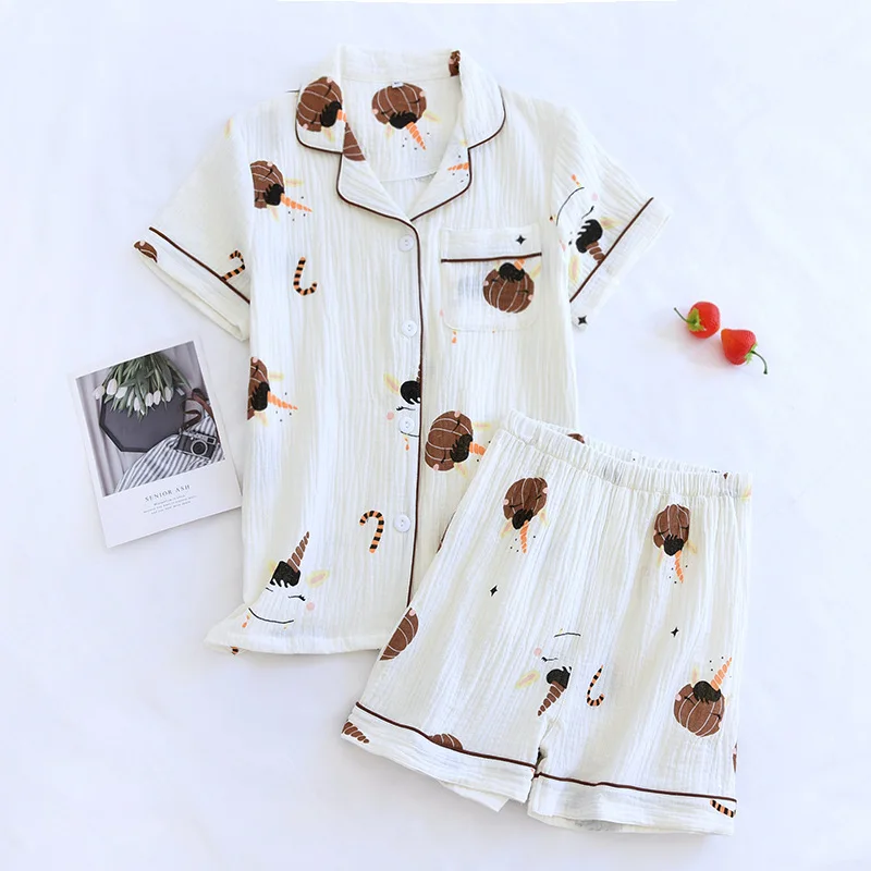 Summer/Autumn Strawberry Print Women\'s Pajamas Cotton Crepe Short Sleeved Shorts Suits Lapel Cute Loose Comfortable Home Clothes