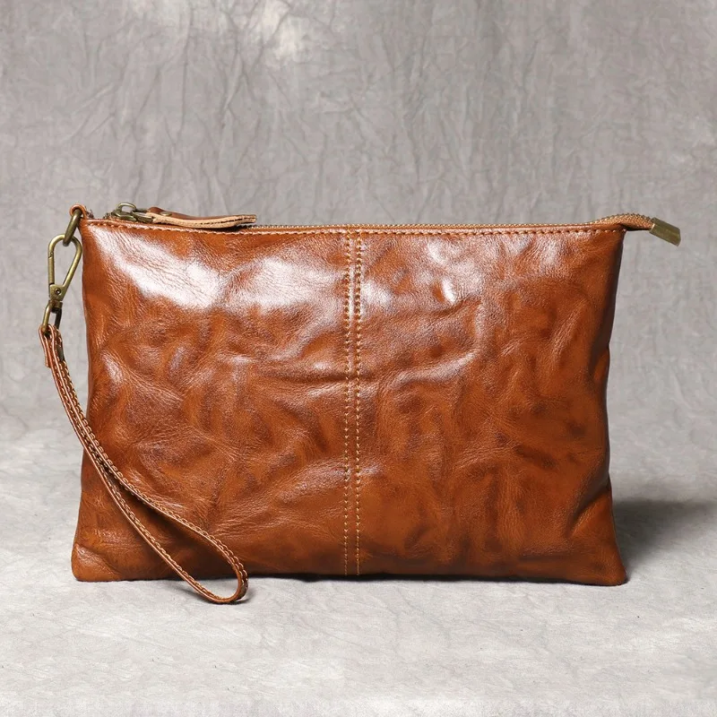

New retro handmade genuine leather men's clutch bag, simple and fashionable wrinkled women's bag, cowhide wristlet.