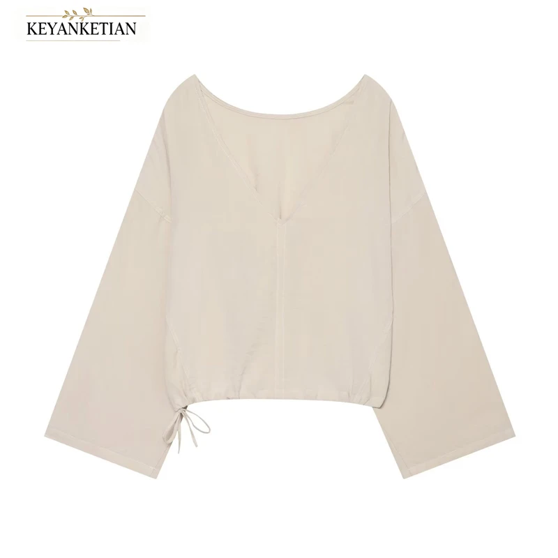 KEYANKETIAN 2026 Beige V Neck Long Sleeve Blouse Loose Wide Sleeve Drawstring Hem Cropped Solid Color Casual Daily Women Top