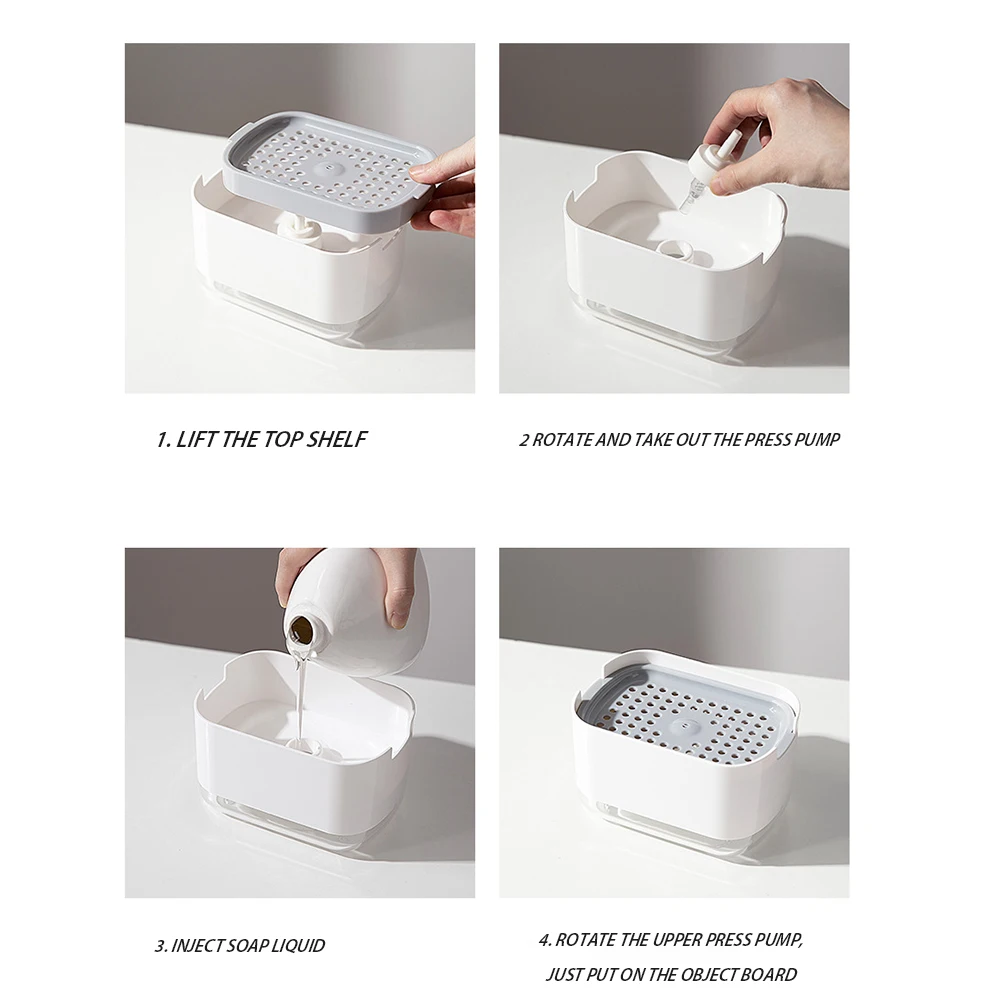 Multifunctional Soap Pump Dispenser Box, Kitchen Clean Dish, Liquid Bubble Box with Lid, Countertop Organizer, Drain Soap Dish