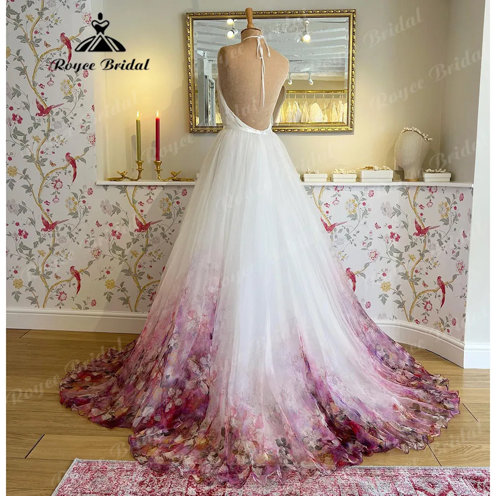 Halter Neck Chiffon A Line Garden Floral Print Wedding Dress Open Back 2025 Pleats Bridal Gown Customized sukienka na wesele