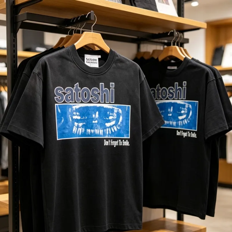 High Quality White Ink Direct Spray Cotton Satoshi Tshirts Summer American Street Men Women Round Neck Short Sleeve Top Tees
