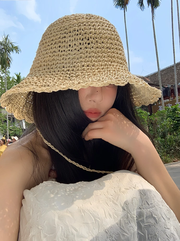 Handwoven Hollow out Straw Hat Women's Summer Foldable Beach Vacation Sunshade Large Brim Hat Versatile Casual Style Cap