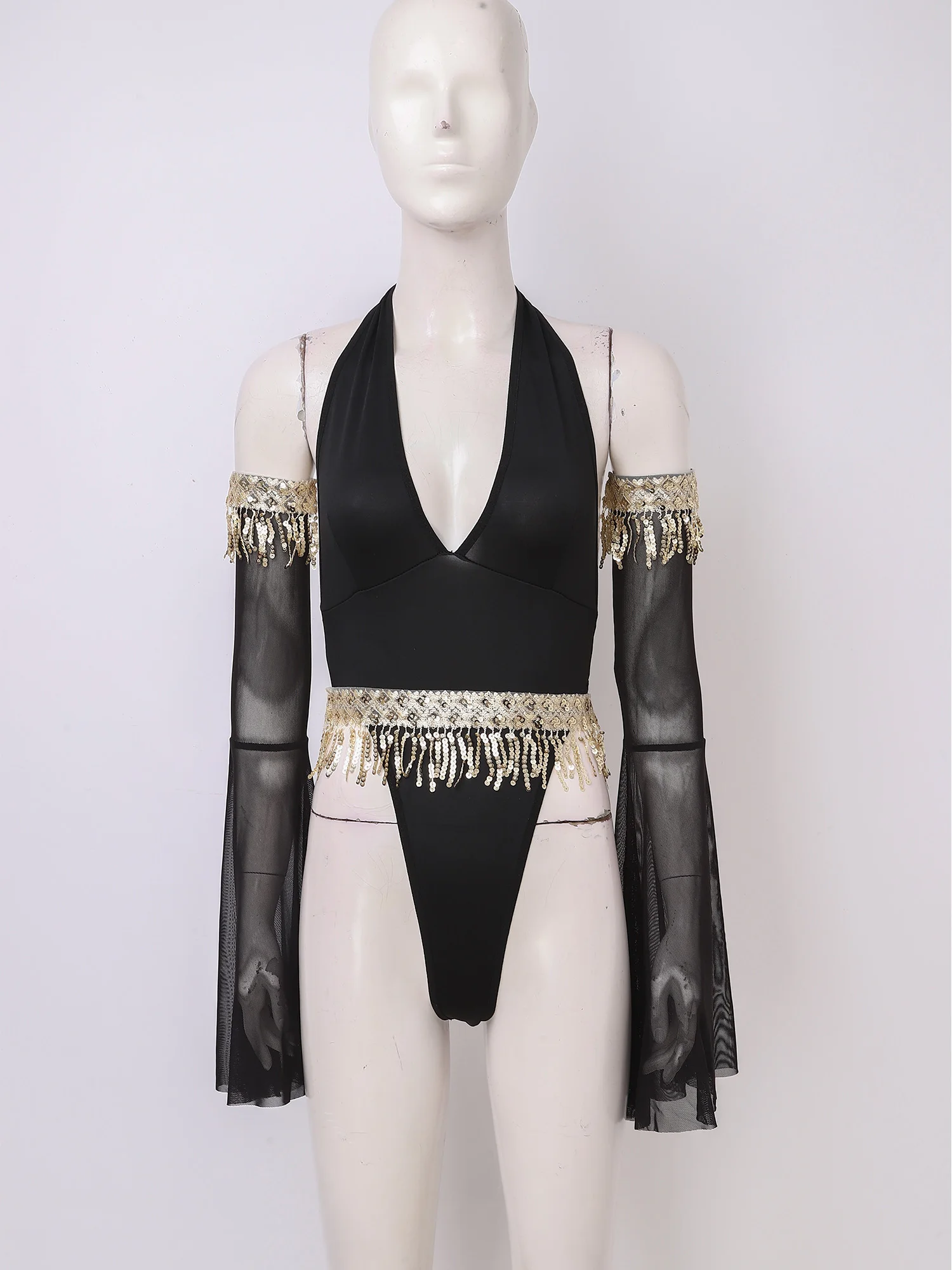 Women Sexy Deep V Neck Backless Lingerie Bodysuit with Removable Mesh Sleeves Armband Belt Nightwear Rave Party Bar Clubwear