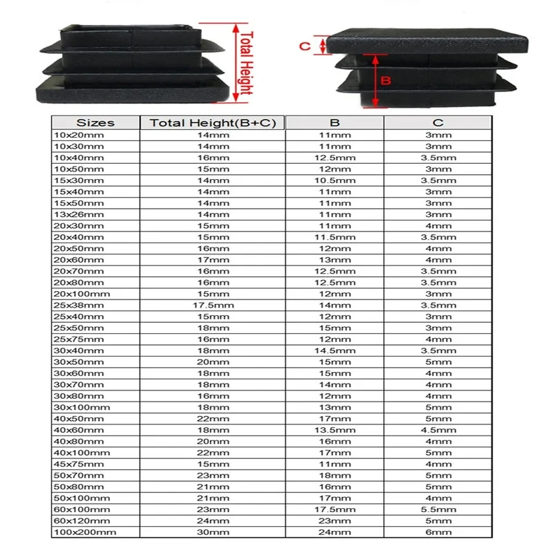 Factory WholesaleRectangle Plastic Black Blanking End Caps Furniture Leg Tube Pipe Inserts Plugs Bung Decorative Dust Cover