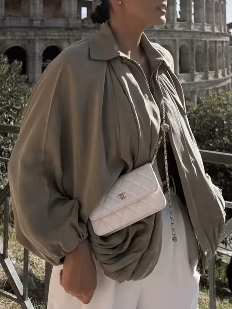 FDEY  European and American style 2025 summer new women's clothing casual temperament simple puffy pilot lapel jacket