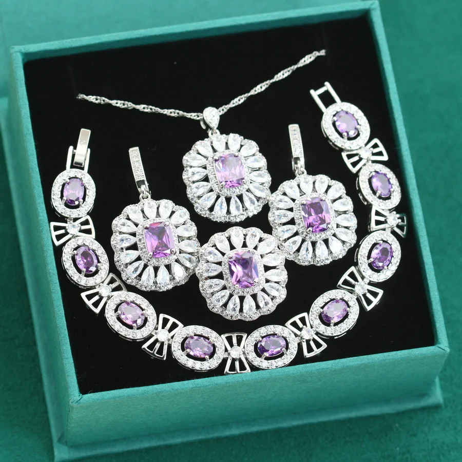 Dubai Wedding/Party Women Trendy 925 Silver Jewelry Sets Dangle/Earrings/Bracelet And Ring Purple Zircon Valentine Day Gift