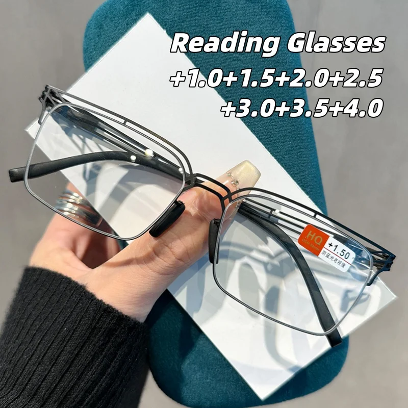 

Metal Square Frame Openwork Fashion Reading Glasses Unisex High-Definition Eye Protection Anti-Blue Light Presbyopia Glasses