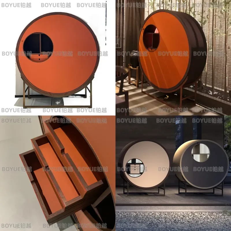 Modern Solid Wood Round Storage Cabinet Luxury Revolving Door Decorative Entryway Console Creative Villa Furniture Organizer