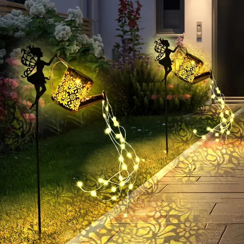 

GEFENSI 1 PC Solar Watering Can Lights, Outdoor Waterfall Garden String Fairy Lights, Solar Kettle Projection Light