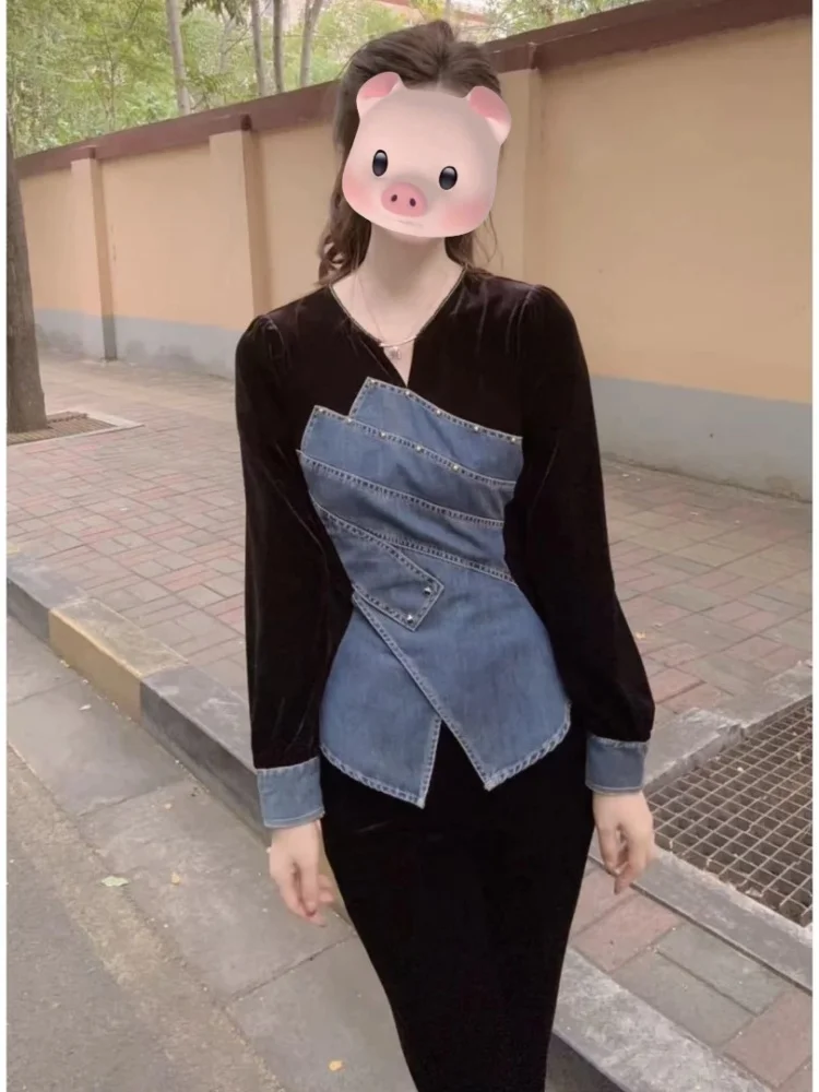 Faionable Patchwork Design irt polyvalent Sle coréen coupe ample longue effet amincissant tenue quotidienne haut pour femme