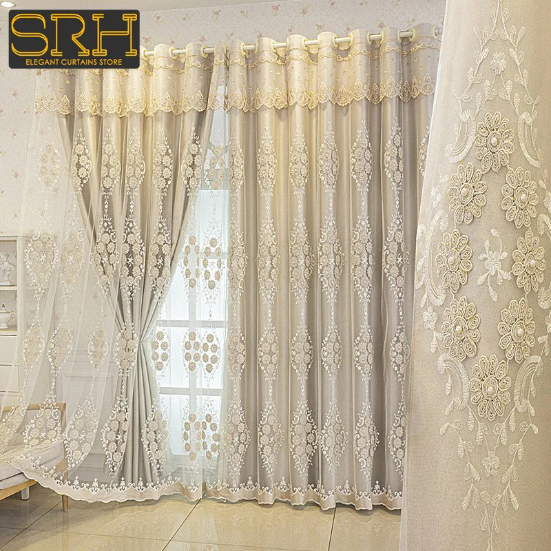 

European Embroidered Beige Pearl Lace Curtain Gauze Integrated Double-layer Thick luxury Blackout Bedroom Living Room Custom Set