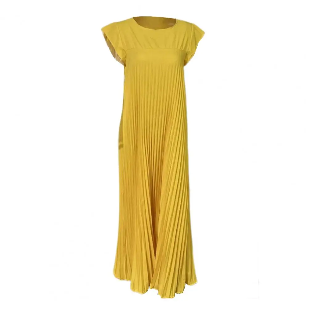 Robe Maxi Plissée à Col Rond pour Femme, Élégante, avec Poches Latérales, Respirante, Ligne A, Couleur Unie, pour les Vacances, Été