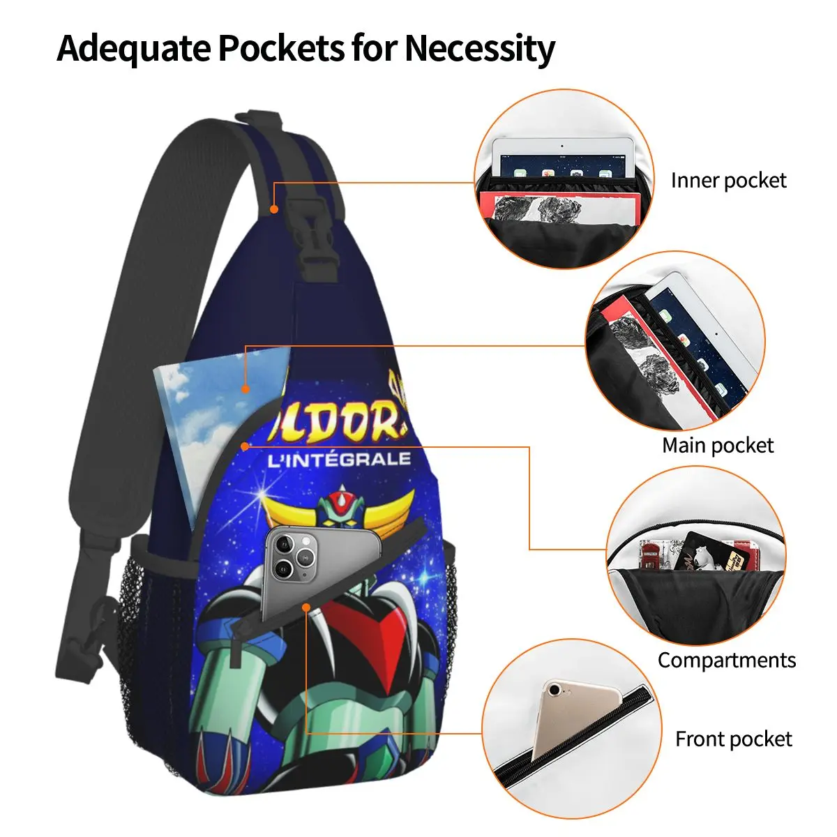 UFO Robot Grendizer Crossbody Sling Bags Small Chest Bag Mazinger Z Anime Shoulder Backpack Daypack Travel Hiking Sports Satchel