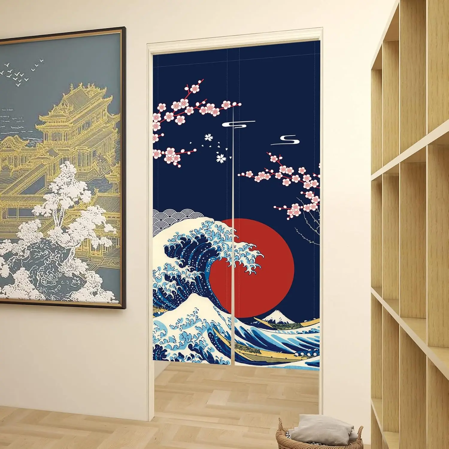 Japanese Noren Curtain - Hokusai Great Wave Print with Cherry Blossoms & Sun, Ukiyo-e Window Treatment Door Tapestry