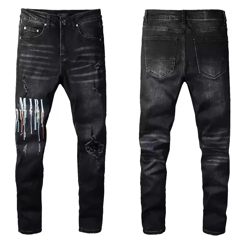 Colorful carved jeans suitable for young people, black street spray tight jeans, black casual cotton pants