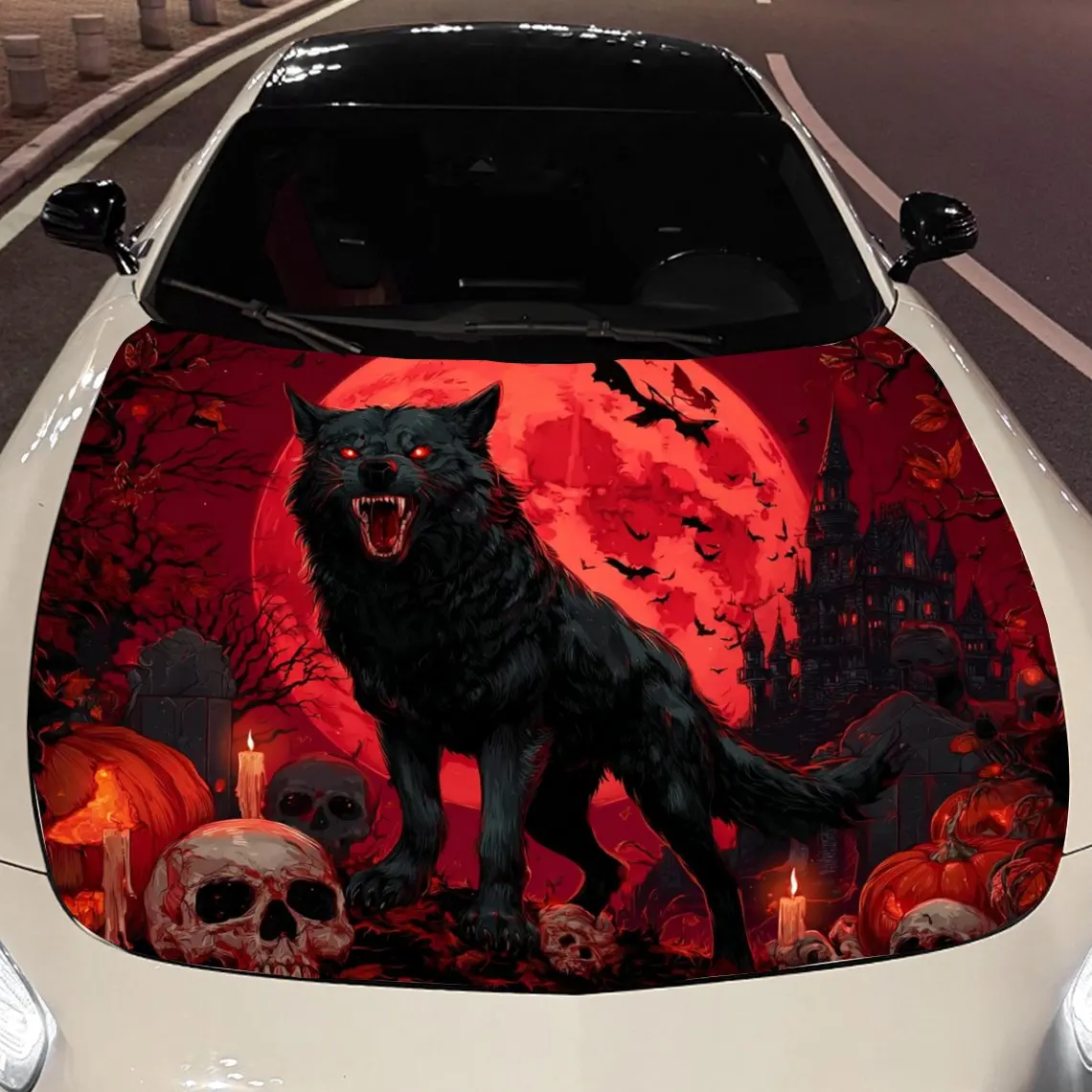 

Blood Moon Black Wolf and Castle Car Vinyl Wrap, PVC Material Waterproof Car Hood Sticker, Self-Adhesive Scratch-Resistant Stick