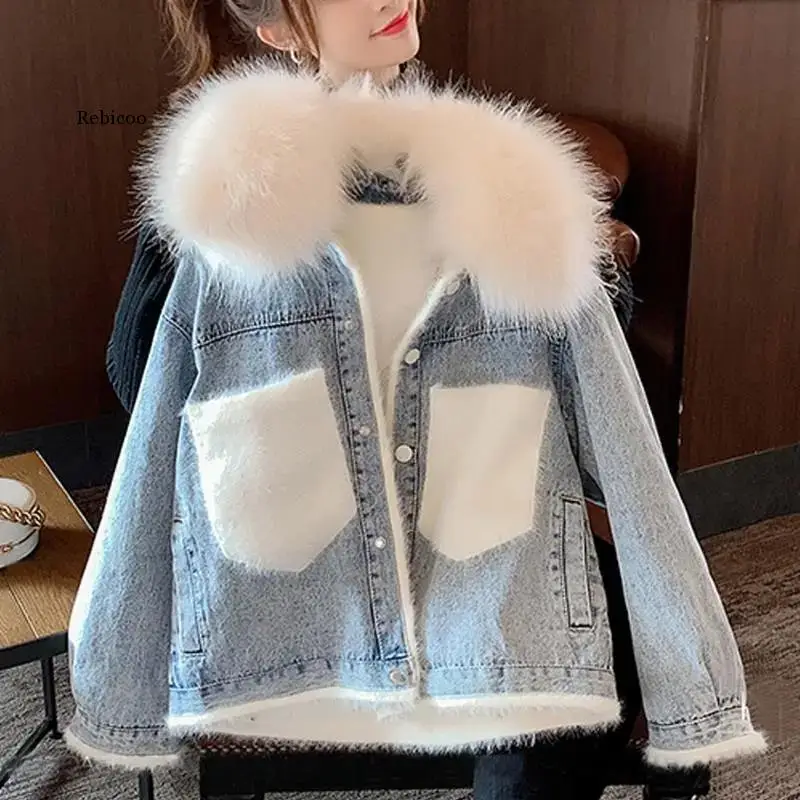 

Korean Thicken Denim Cotton Jacket Women Winter New Style Loose Plus Cashmere Lamb Wool Cotton Jacket Women Jacket