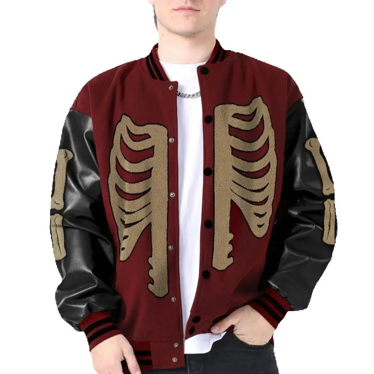 

Men's Leather Patchwork Vintage Jacket Skull Embroidery Coats Halloween Costumes Autumn and Winter Varsity Baseball Outerwear