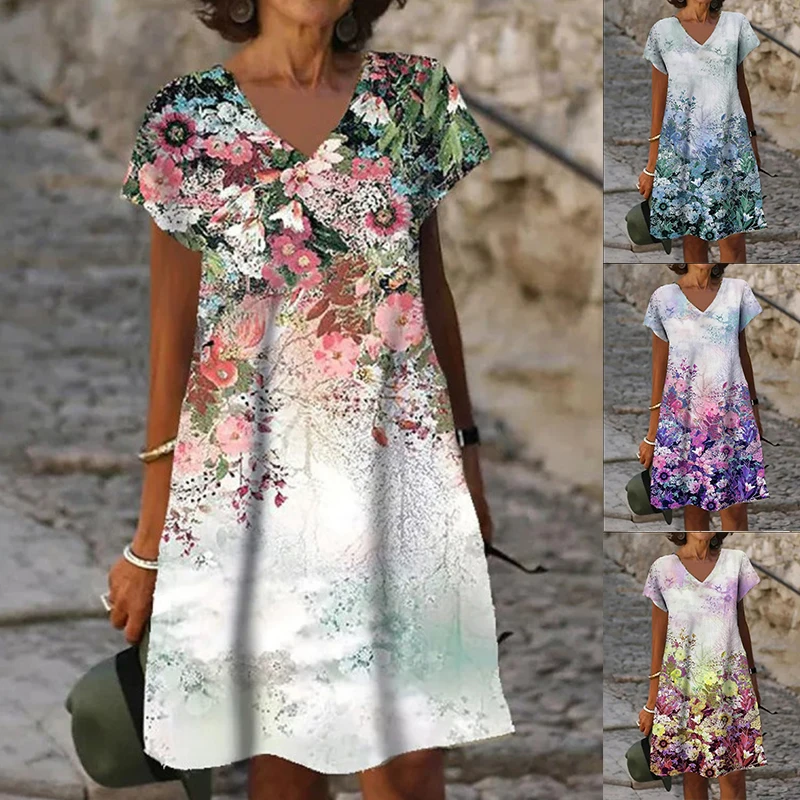 

2022 New Women Elegant Casual Flower Print Dress Vintage Printed V-neck Straight Summer Beach Short Sleeve Party Dresses
