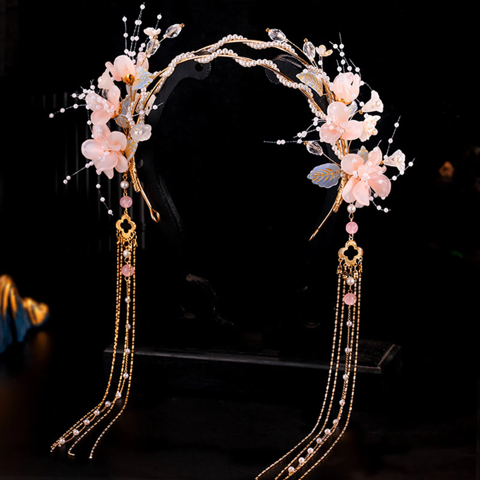 Hanfu Crystal Flower Headbands Vintage Style Hairpins Hair Clips Long Tassel Hair Ornaments Chinese Traditional Hair Accessories