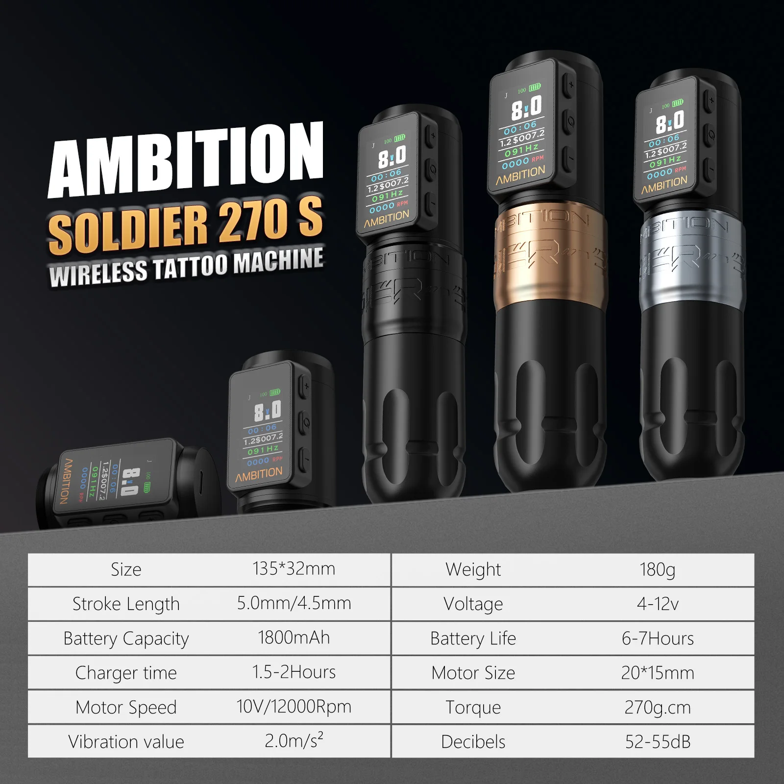Ambition Soldier 270S 1800mAh Brushless Motor 5.0mm/4.5mm Stroke Professional Wireless Tattoo Pen Machine With Double Battery