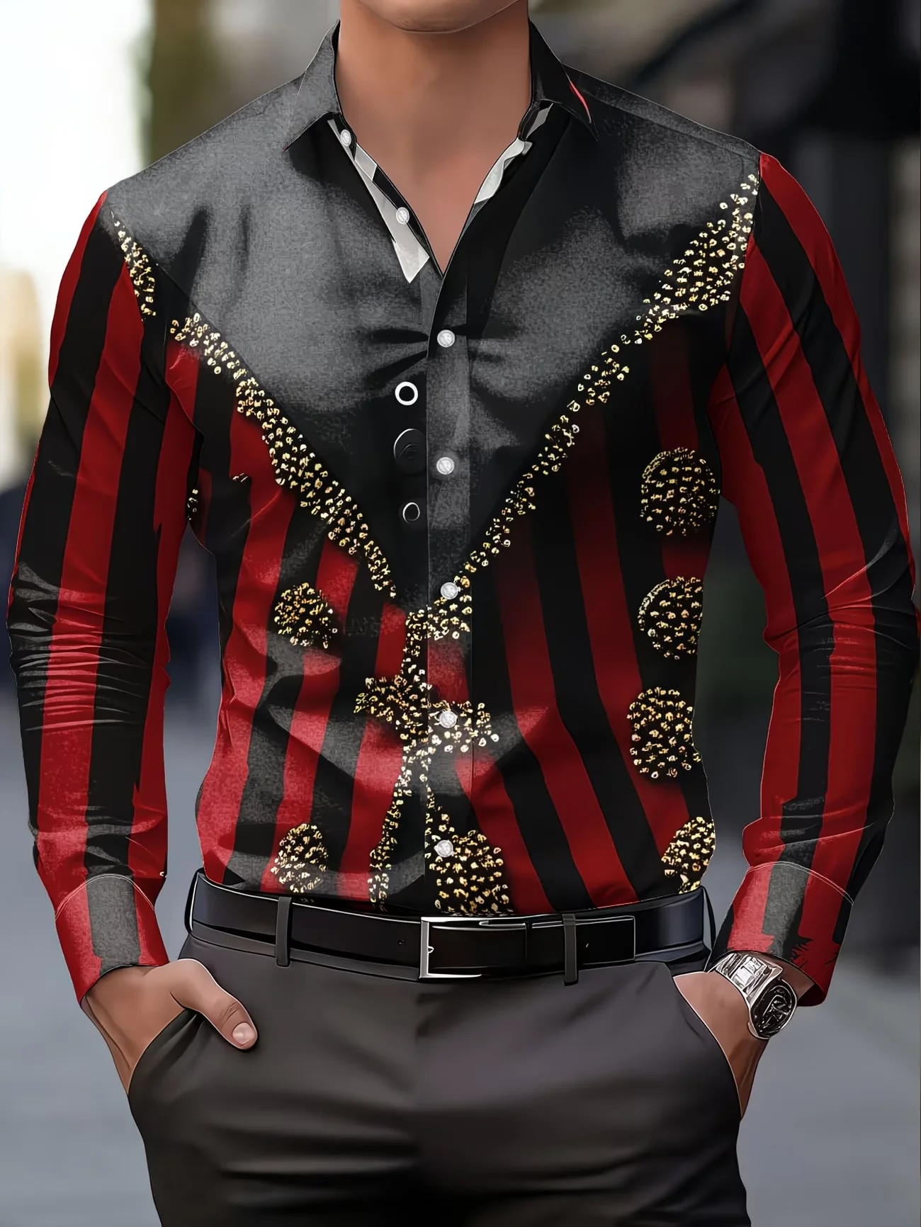 New Blue And White Gradient Geometric Lines men's Long Sleeved Shirt  Light Luxury Slim Fit Commuting Casual Shirt