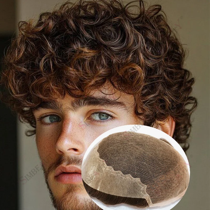 غير مرئية الدانتيل و قاعدة بولي PU Q6 الرجال 22 مللي متر نظام استبدال الشعر المجعد شعر مستعار خط الشعر الطبيعي السويسري الدانتيل الجبهة شعر بشري أشقر الشعر المستعار #1