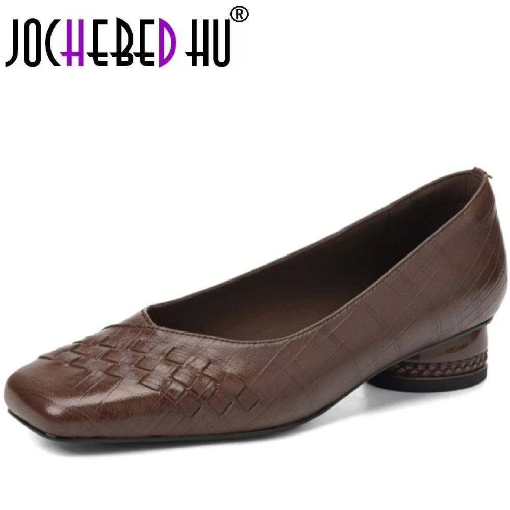 

【JOCHEBED HU】Винтажные элегантные туфли ручной работы из натуральной кожи на низком каблуке, женские повседневные туфли с квадратной головкой и неглубоким носком, размеры 34-40