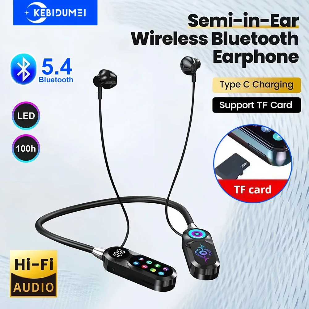 HD Screen Bluetooth 5.4 Headphones Neckband Earphones TWS Wireless Headsets HiFi Stereo Waterproof Earbuds Support TF Card — product photo 1 of 1