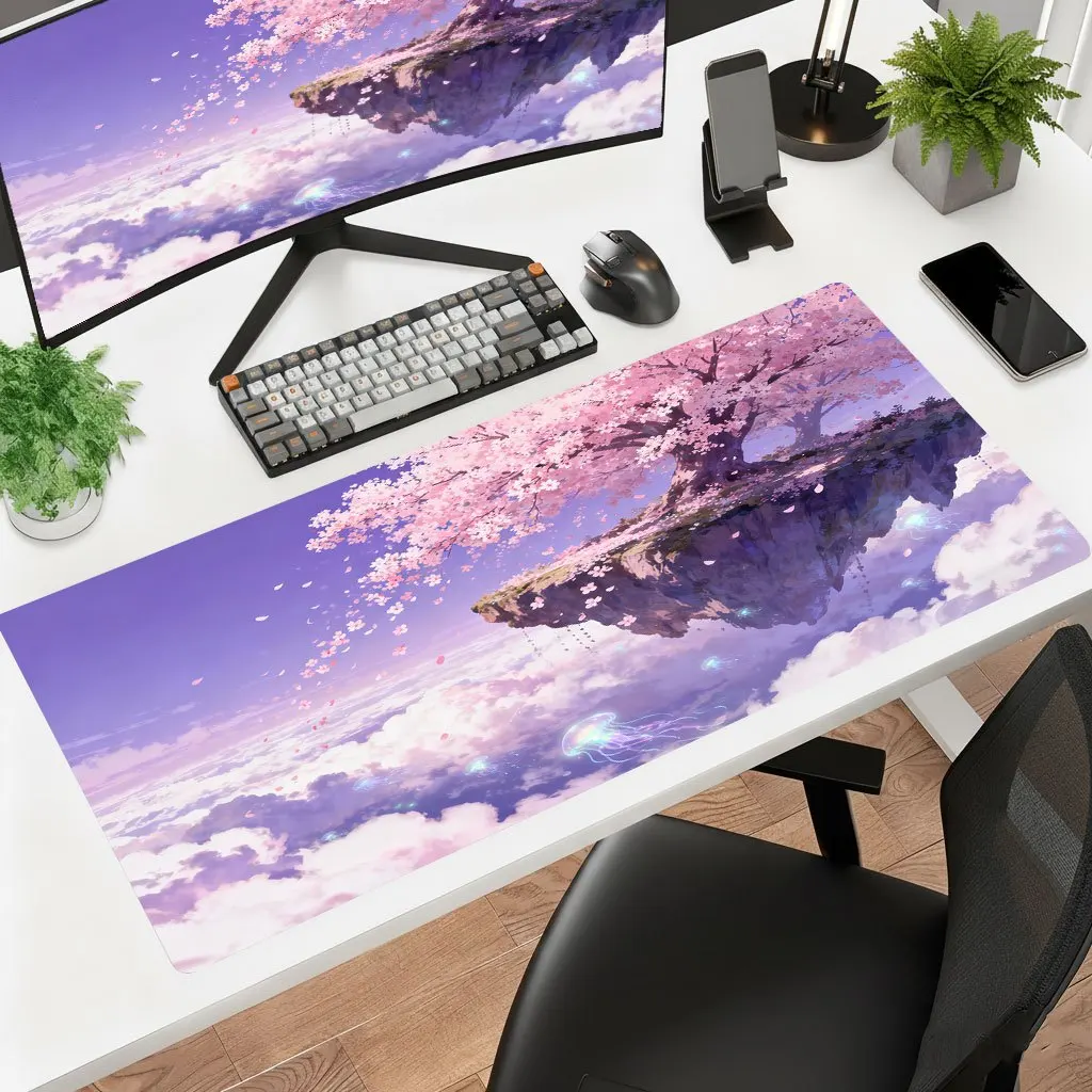 Iron Art Floating Cherry Blossom Island Mouse Pad HD Print Non-Slip Rubber Washable Office Laptop Gaming Decor Desk Mat