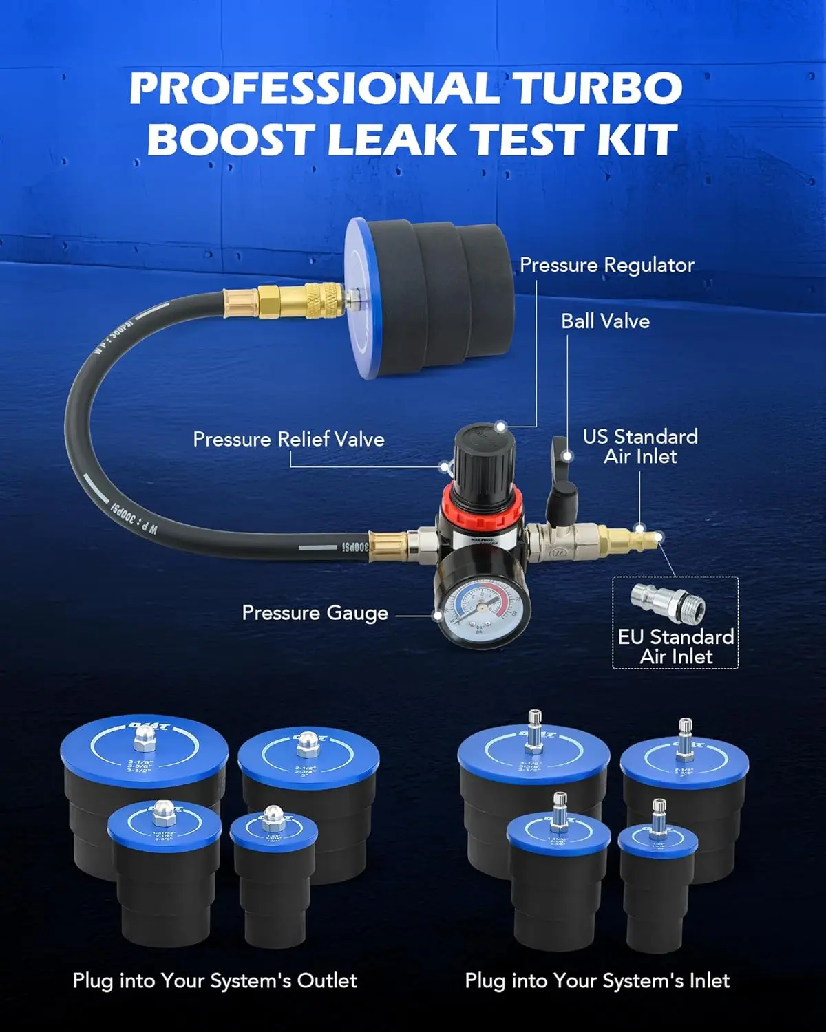 طقم اختبار تسرب توربو، 10 قطع مع 4 أزواج من المحولات المتدرجة 1-3/8 بوصة إلى 3-1/2 بوصة، لاختبار الضغط التوربيني