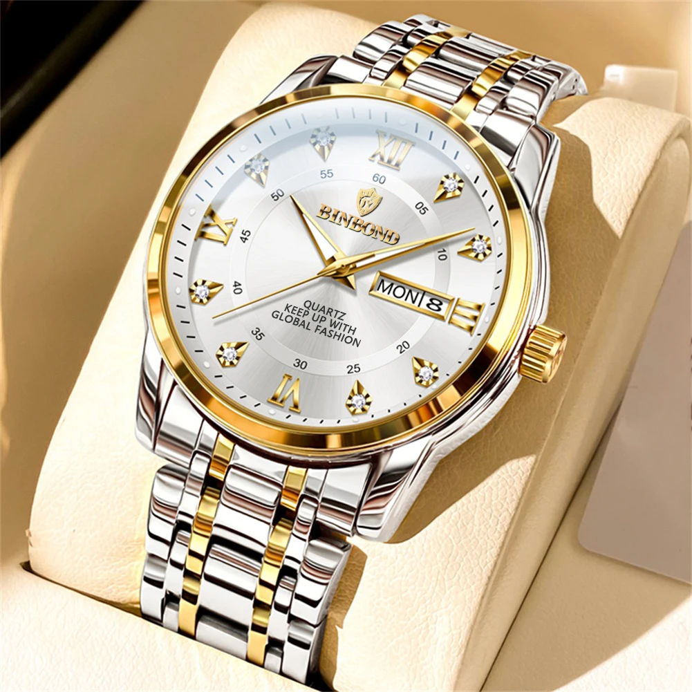BINBOND Men's Watches 7169G Business Fashion Orginal Quartz Watch for Man Waterproof Stainless Steel Date Week Double Scale New