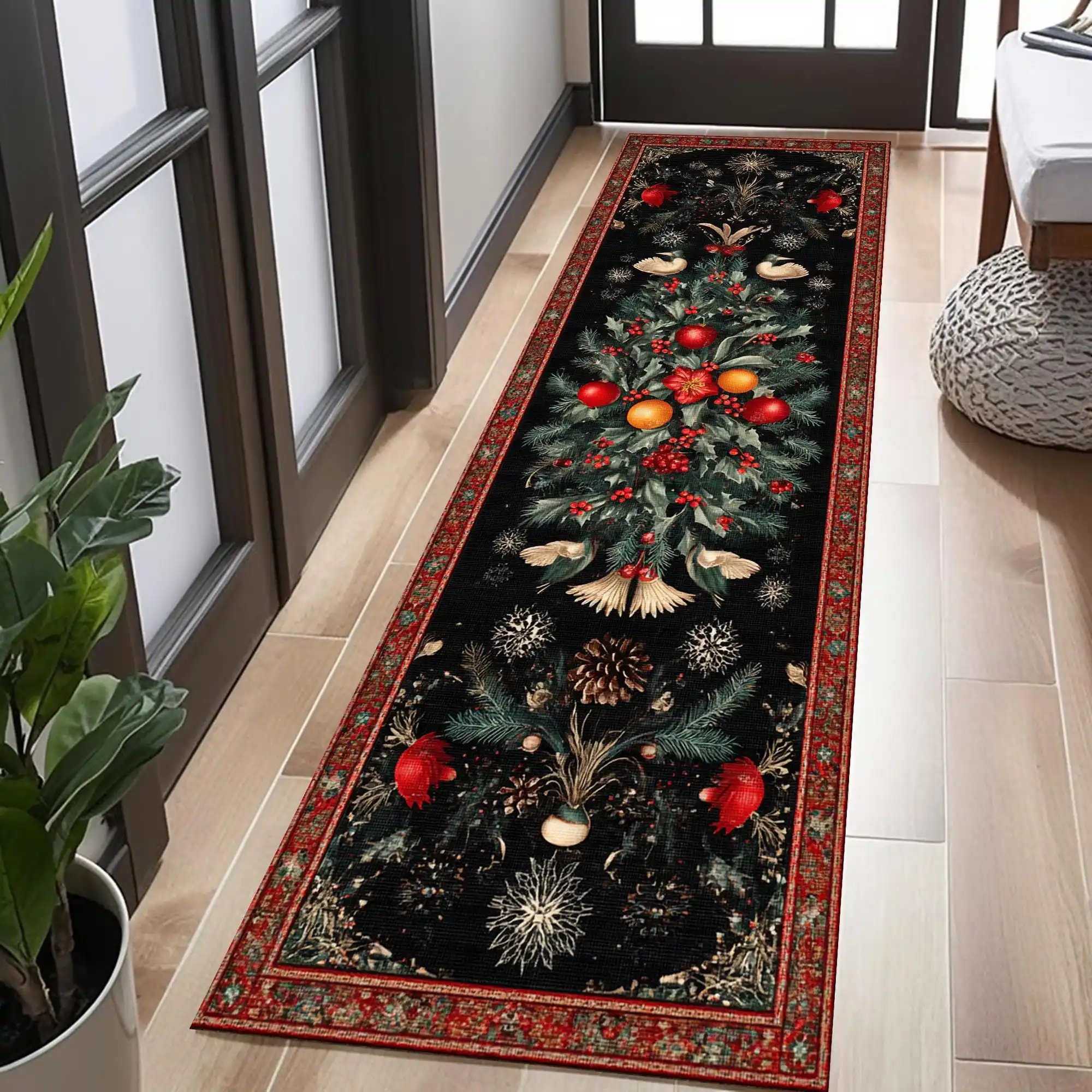 Happy New Year Holiday Blessing Xmas Dark Green Pine Tree Gift Box Entryway Area Rug Kitchen Runner Rug Living Room Floor Mat