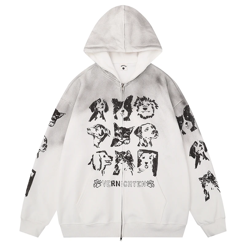 

Осенние мужские толстовки на молнии большого размера в стиле хип-хоп, спортивный костюм с милой собакой и котом, уличная одежда, Harajuku, повседневные модные толстовки с капюшоном