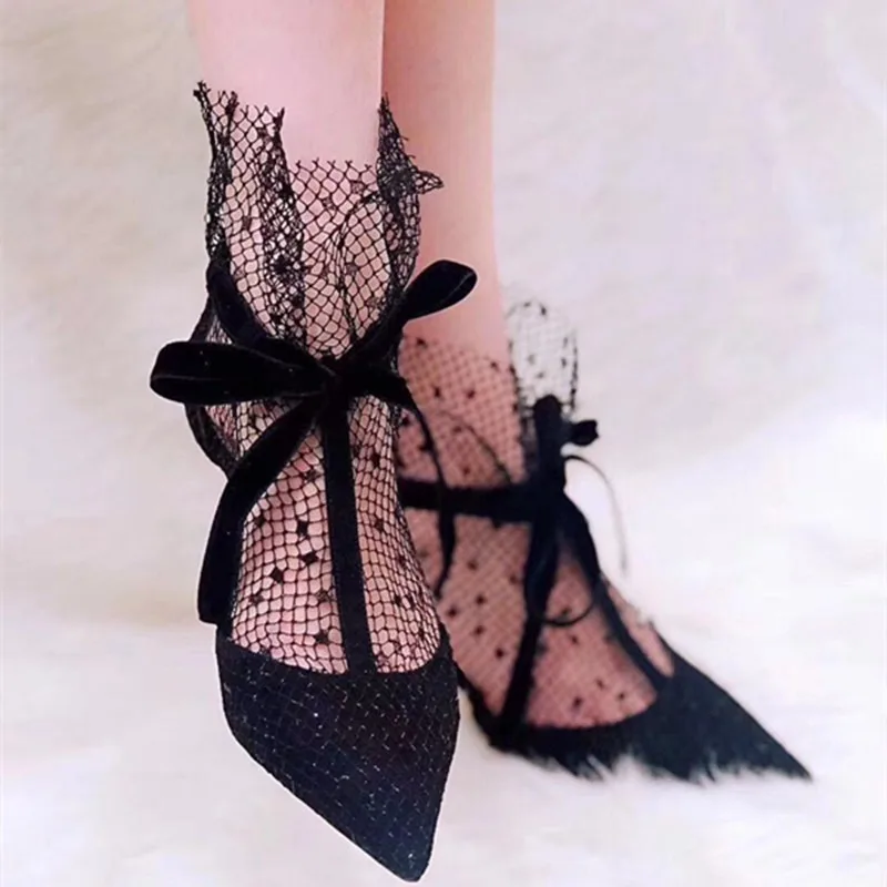 

Sexy pointed lace high heels shallow mouth lace-up stiletto single shoes banquet breathable bow mesh high heels single shoes