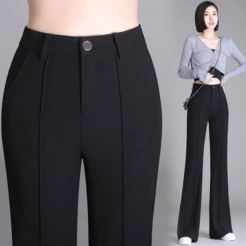 Black Autumn New Straight Micro Flared Pants Women Button Zipper Pocket Patchwork High Waisted Slim Suit Wide Leg Trousers 2024