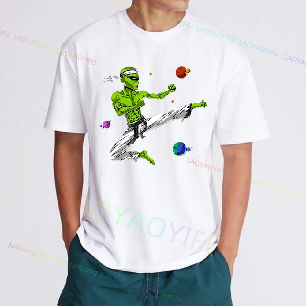 Summer Y2k T-shirts for Men Aliens Kungfu Cartoon Short Sleeve Loose Casual Aesthetic Clothing 100% Cotton Streetwear Tshirt