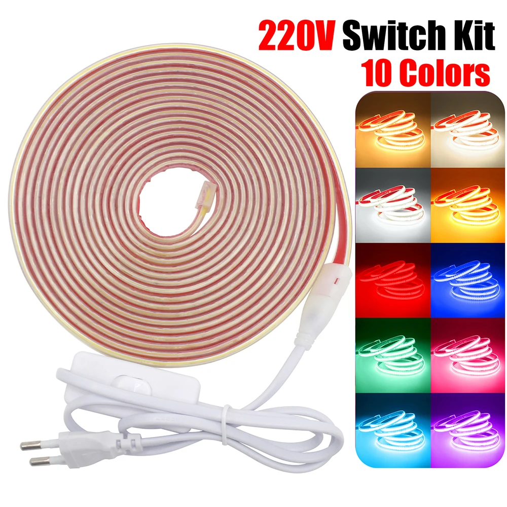 5m 10m 20m 30m 40m LED COB Strip Light 220V Switch Power 240 LEDs Flexible Tape White/Red/Pink/Green/Yellow/Blue/Purple 0.5m