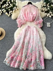 Summer Holiday Organza Gorgeous Flower 2 Piece Set Women Long Lantern Sleeve Shirt Blouse and Elastic Waist A Line Skirt Suit