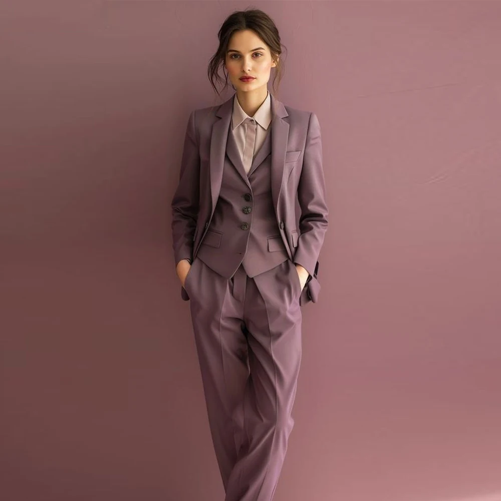 

Лиловый костюм из трех предметов для женщин, элегантный женский костюм, куртка, жилет и брюки, комплект для свадебной вечеринки, пиджак, офисная женская одежда
