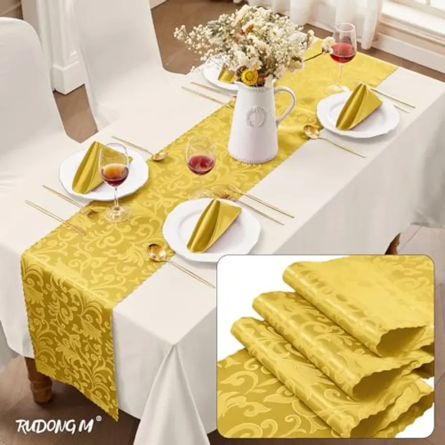 Satin Table Runners, 12 x 108 Inch, 2 Pack Long Silky Damask, Bright Smooth Jacquard, For Weddings, Banquet, Parties, Dining Ta