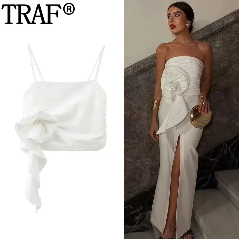 TRAF Flower Crop Tops Woman Ruched Off Shoulder Tank Top Women Summer Backless Sexy Tops Streetwear Corset Y2K Camisole Top